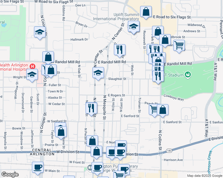 map of restaurants, bars, coffee shops, grocery stores, and more near 301 East Rogers Street in Arlington
