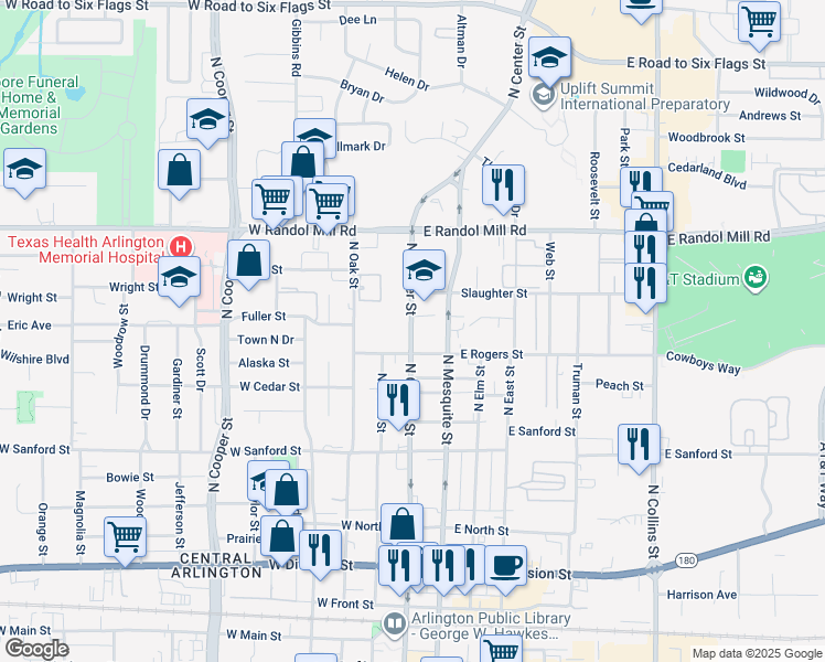 map of restaurants, bars, coffee shops, grocery stores, and more near 806 North Center Street in Arlington