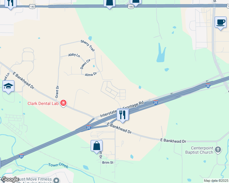 map of restaurants, bars, coffee shops, grocery stores, and more near 200 Atwood Court in Weatherford
