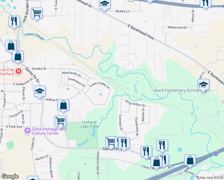 map of restaurants, bars, coffee shops, grocery stores, and more near 229 Camelot Drive in Weatherford