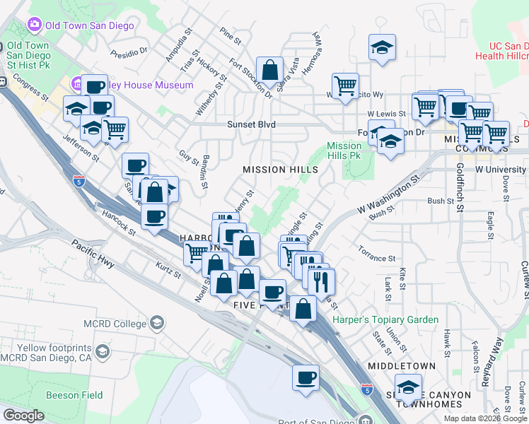 map of restaurants, bars, coffee shops, grocery stores, and more near Guy Street in San Diego