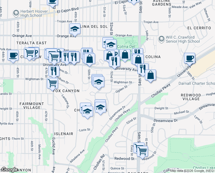 map of restaurants, bars, coffee shops, grocery stores, and more near 3720 52nd Street in San Diego