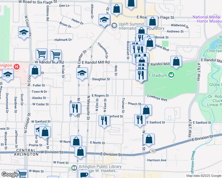 map of restaurants, bars, coffee shops, grocery stores, and more near 805 North East Street in Arlington