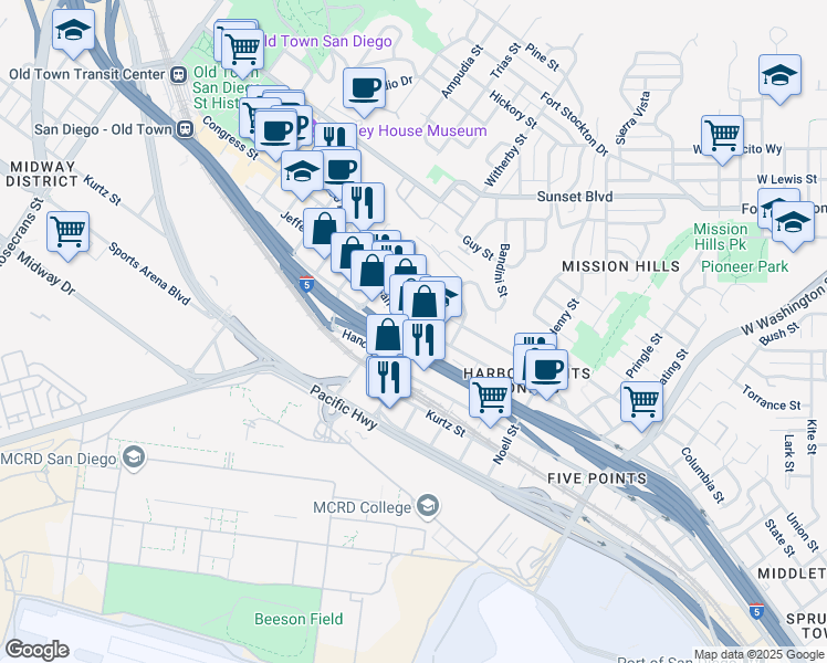 map of restaurants, bars, coffee shops, grocery stores, and more near 2165 San Diego Avenue in San Diego