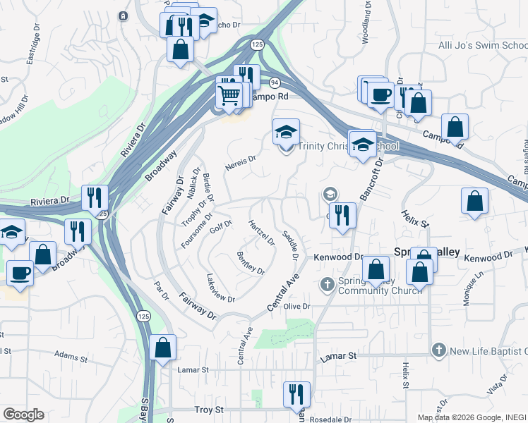 map of restaurants, bars, coffee shops, grocery stores, and more near 3640 Saddle Drive in Spring Valley