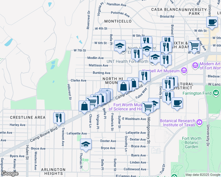 map of restaurants, bars, coffee shops, grocery stores, and more near 1301 Belle Place in Fort Worth