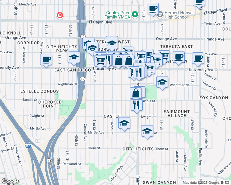 map of restaurants, bars, coffee shops, grocery stores, and more near 3726 Van Dyke Avenue in San Diego