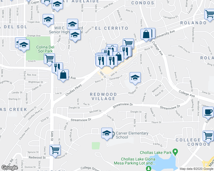 map of restaurants, bars, coffee shops, grocery stores, and more near 3945 58th Street in San Diego