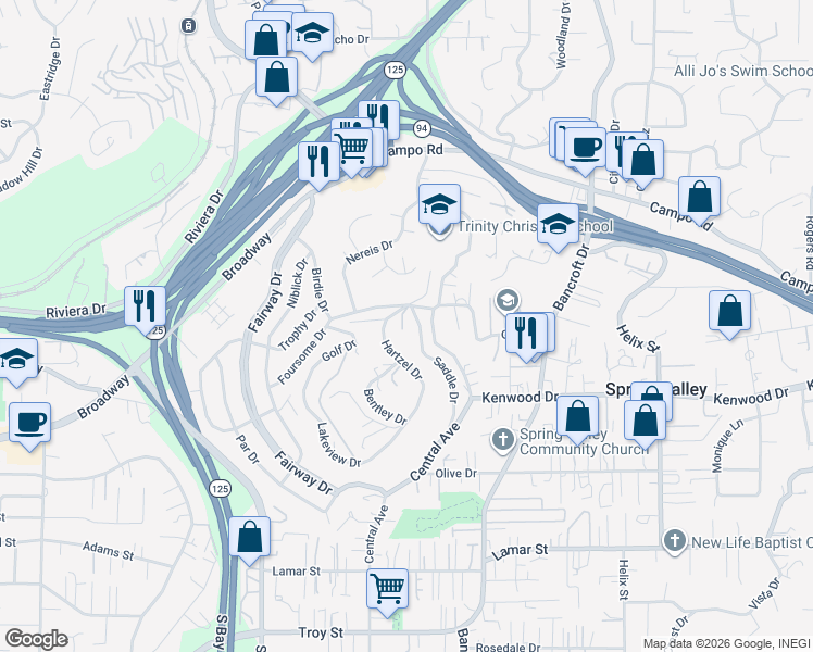 map of restaurants, bars, coffee shops, grocery stores, and more near 3640 Saddle Drive in Spring Valley