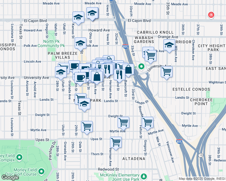 map of restaurants, bars, coffee shops, grocery stores, and more near 3767 Herman Avenue in San Diego