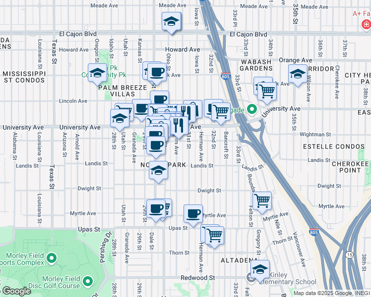 map of restaurants, bars, coffee shops, grocery stores, and more near in San Diego
