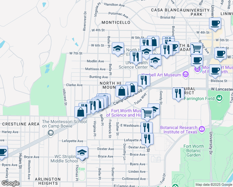 map of restaurants, bars, coffee shops, grocery stores, and more near 1301 Madeline Place in Fort Worth