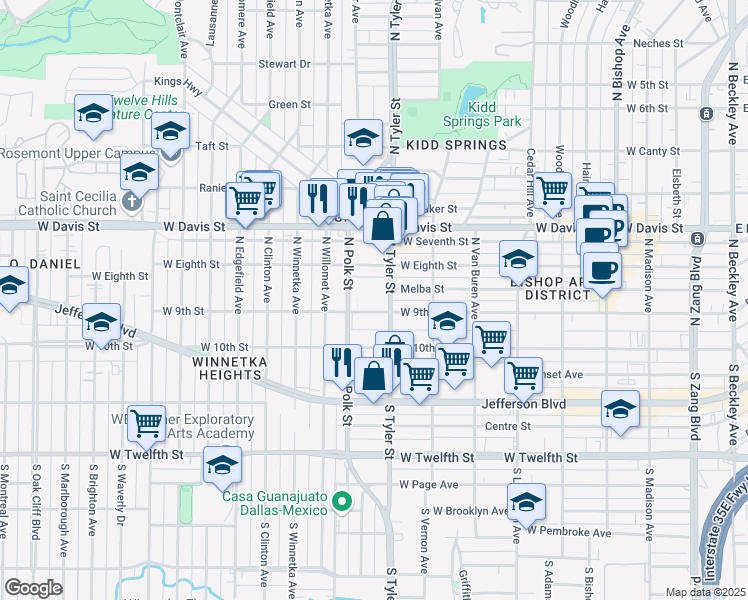 map of restaurants, bars, coffee shops, grocery stores, and more near 915 West 9th Street in Dallas