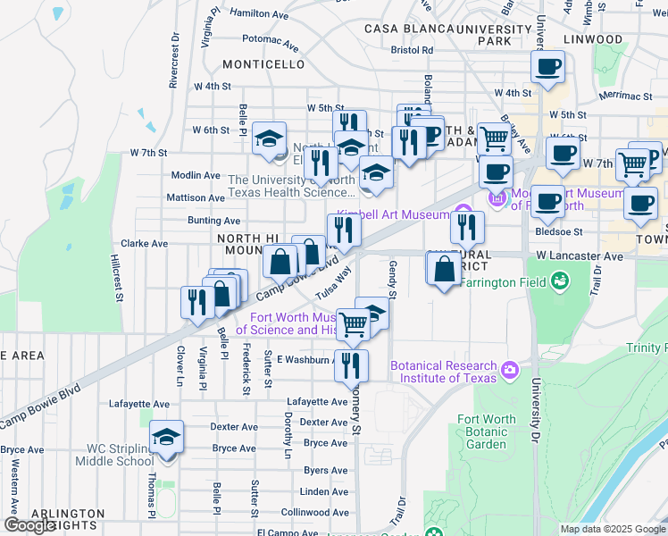 map of restaurants, bars, coffee shops, grocery stores, and more near in Fort Worth