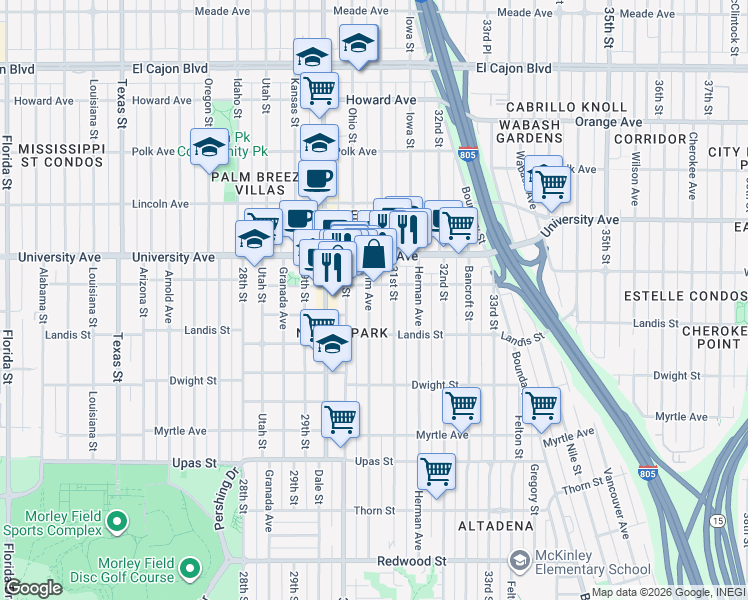 map of restaurants, bars, coffee shops, grocery stores, and more near 3746 31st Street in San Diego