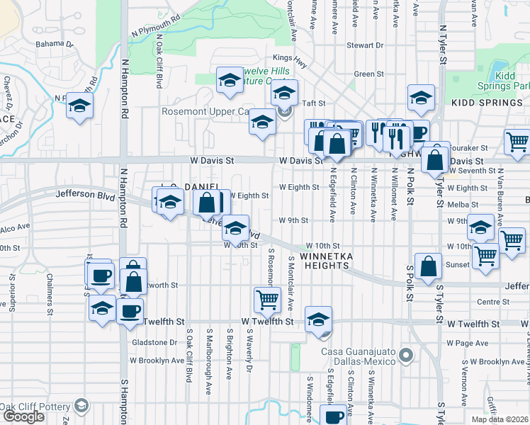 map of restaurants, bars, coffee shops, grocery stores, and more near 200 North Rosemont Avenue in Dallas