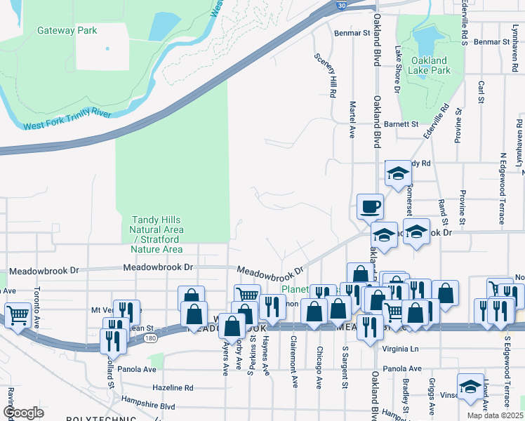 map of restaurants, bars, coffee shops, grocery stores, and more near 2128 Stratford Park Drive in Fort Worth