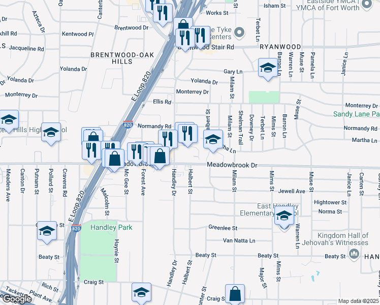 map of restaurants, bars, coffee shops, grocery stores, and more near 6625 Meadowbrook Drive in Fort Worth