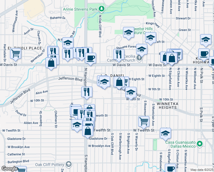 map of restaurants, bars, coffee shops, grocery stores, and more near 2120 West Jefferson Boulevard in Dallas