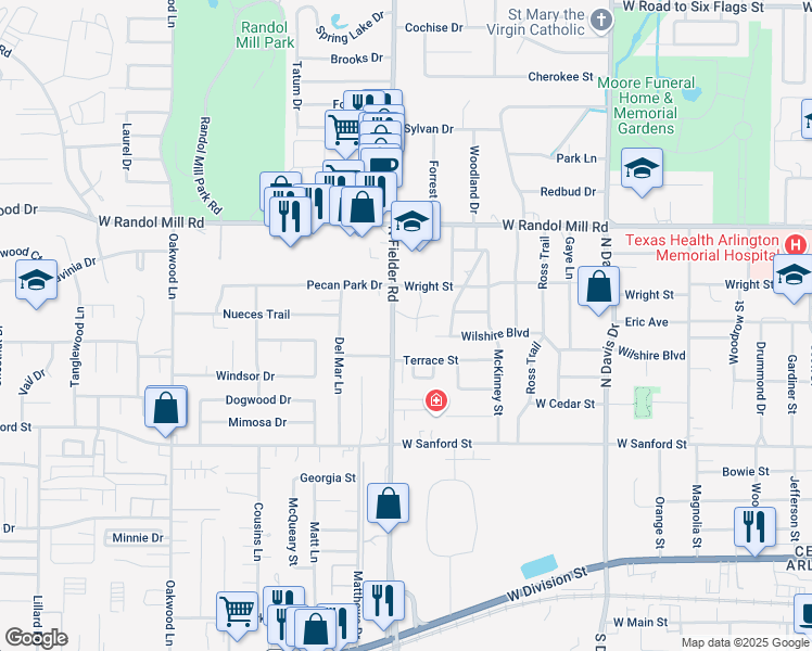 map of restaurants, bars, coffee shops, grocery stores, and more near 915 North Fielder Road in Arlington