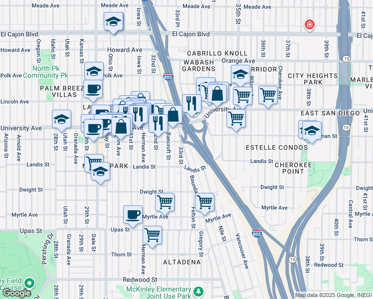 map of restaurants, bars, coffee shops, grocery stores, and more near 3791 Boundary Street in San Diego