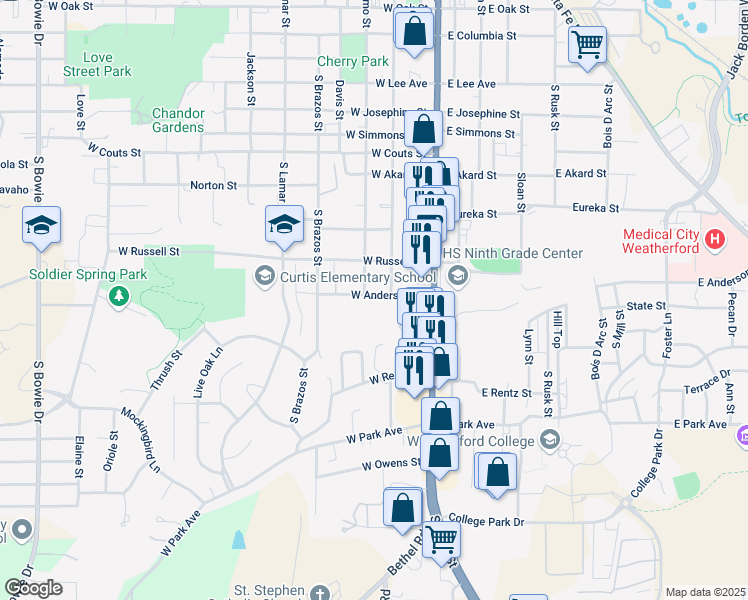 map of restaurants, bars, coffee shops, grocery stores, and more near 213 West Anderson Street in Weatherford