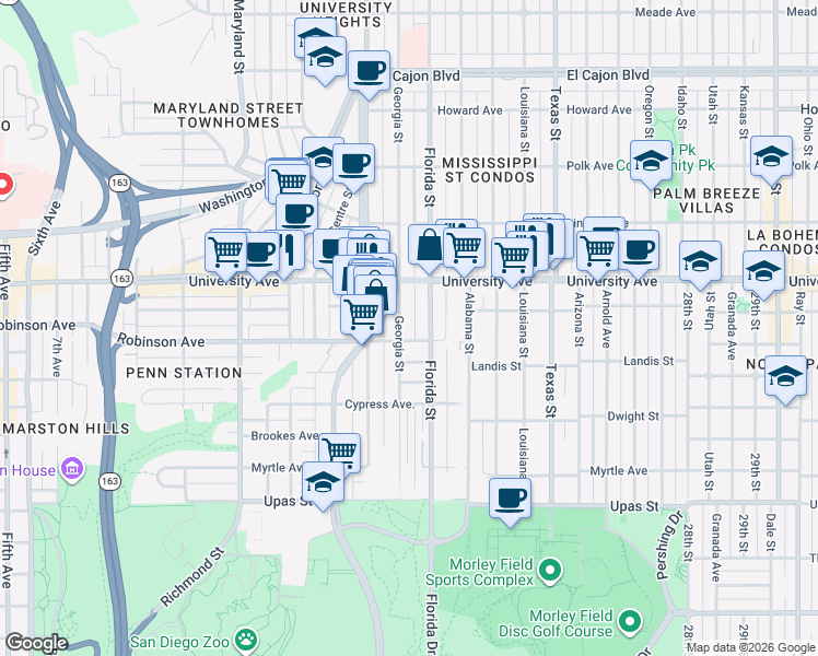 map of restaurants, bars, coffee shops, grocery stores, and more near 3775 Georgia Street in San Diego