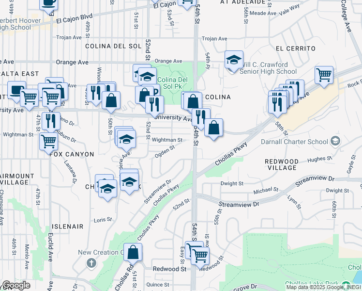 map of restaurants, bars, coffee shops, grocery stores, and more near 5315 Ogden Street in San Diego