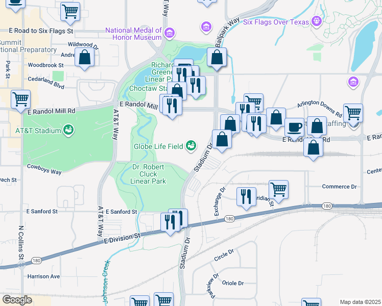 map of restaurants, bars, coffee shops, grocery stores, and more near 734 Stadium Drive in Arlington