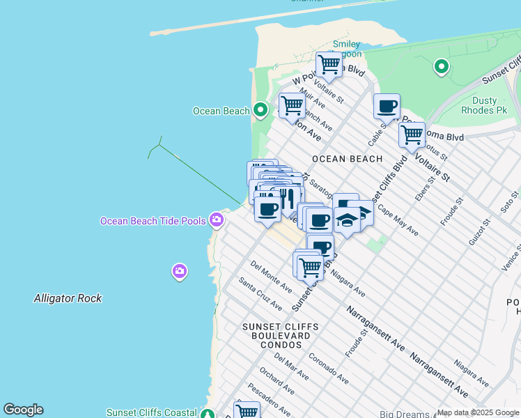 map of restaurants, bars, coffee shops, grocery stores, and more near 5022 Niagara Avenue in San Diego