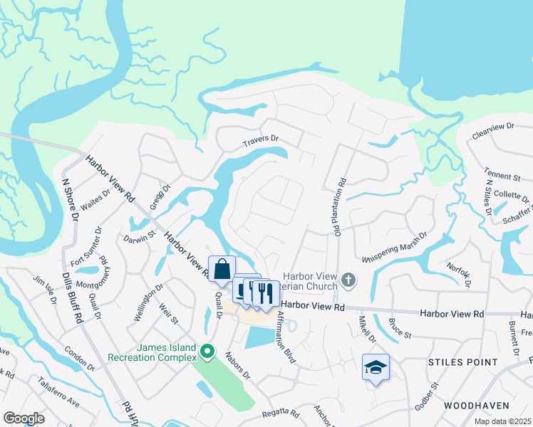 map of restaurants, bars, coffee shops, grocery stores, and more near 649 White Chapel Circle in Charleston