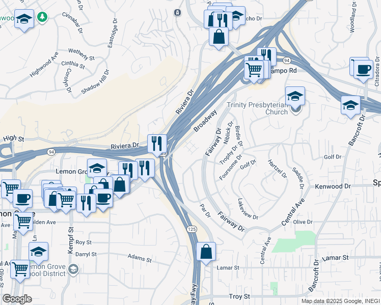 map of restaurants, bars, coffee shops, grocery stores, and more near 3500 Sequoia Street in Lemon Grove