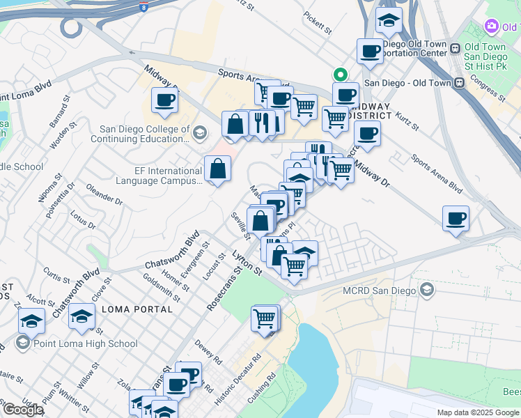 map of restaurants, bars, coffee shops, grocery stores, and more near 3084 Malaga Street in San Diego