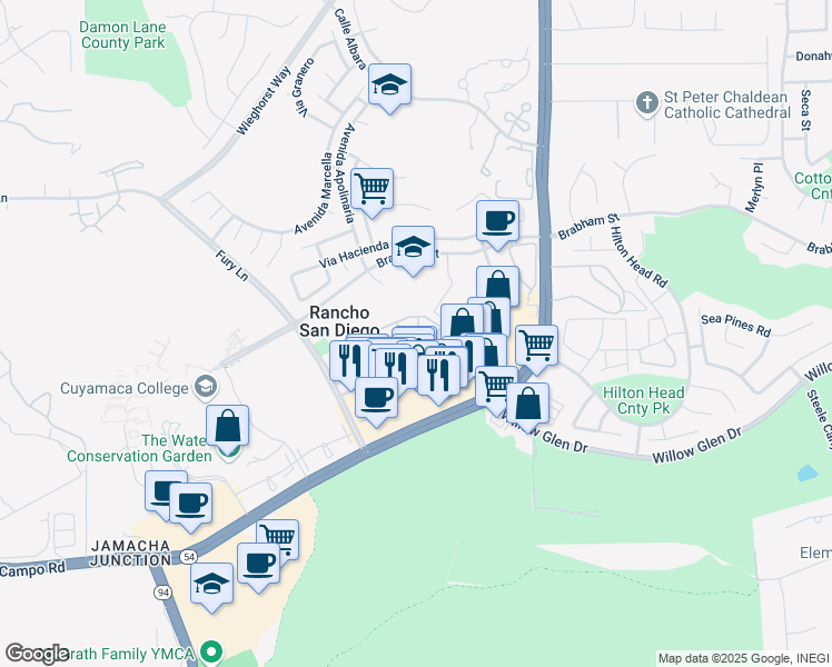 map of restaurants, bars, coffee shops, grocery stores, and more near 11422 Via Rancho San Diego in El Cajon