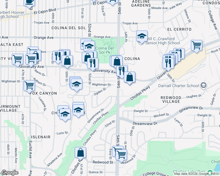 map of restaurants, bars, coffee shops, grocery stores, and more near 5315 Ogden Street in San Diego