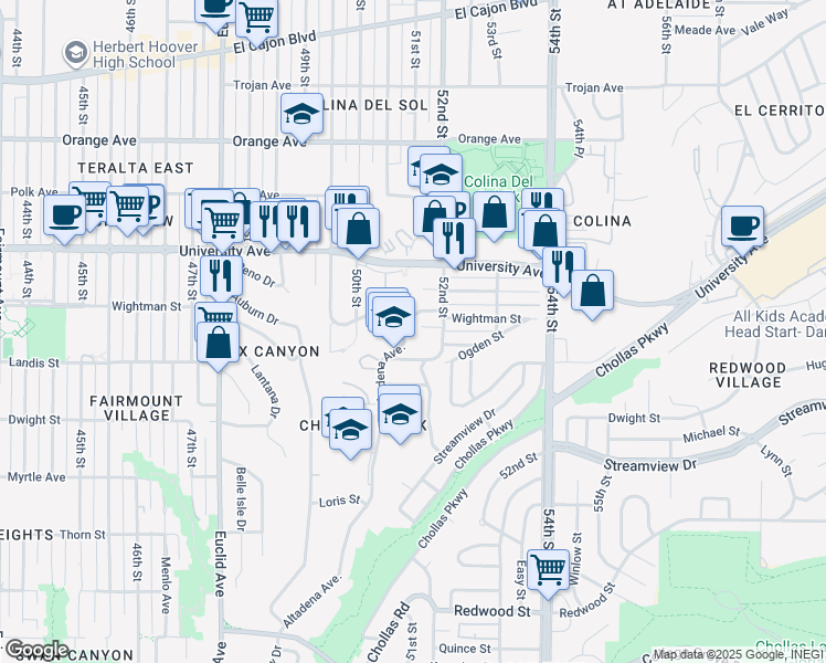 map of restaurants, bars, coffee shops, grocery stores, and more near 3778 Altadena Avenue in San Diego