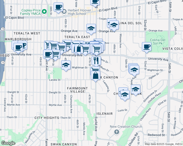 map of restaurants, bars, coffee shops, grocery stores, and more near 3735-37 47th Street in San Diego