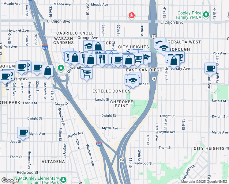 map of restaurants, bars, coffee shops, grocery stores, and more near 3725 Cherokee Avenue in San Diego