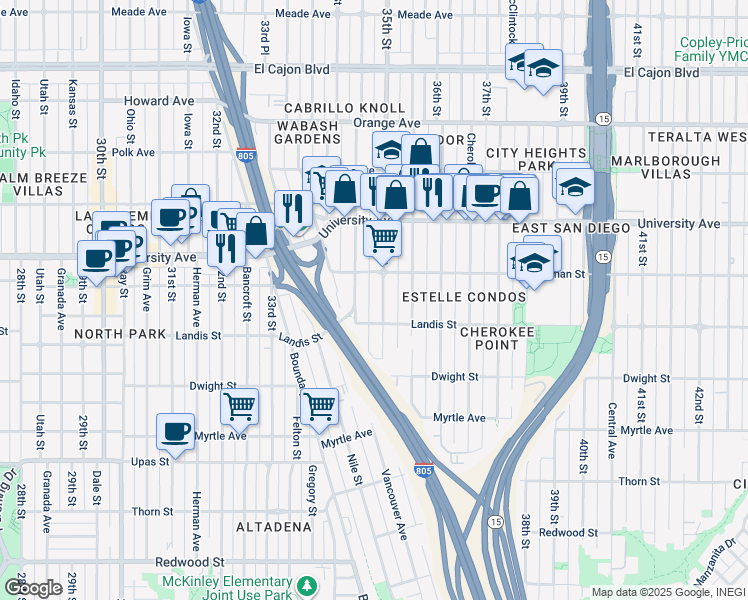 map of restaurants, bars, coffee shops, grocery stores, and more near 3724 35th Street in San Diego