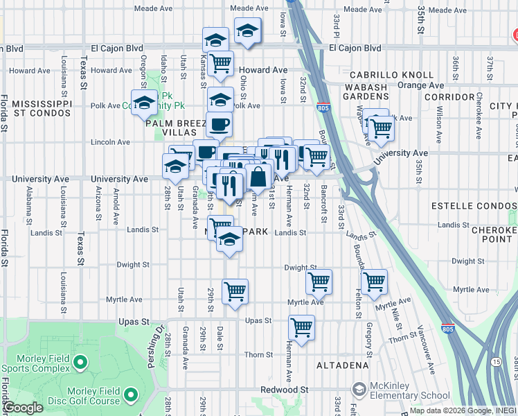map of restaurants, bars, coffee shops, grocery stores, and more near 3746 31st Street in San Diego