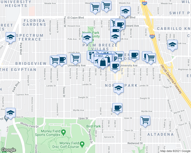 map of restaurants, bars, coffee shops, grocery stores, and more near 3754 28th Street in San Diego