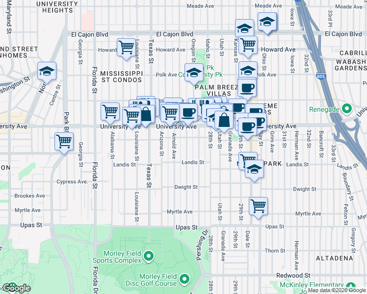 map of restaurants, bars, coffee shops, grocery stores, and more near 3739 Arnold Avenue in San Diego