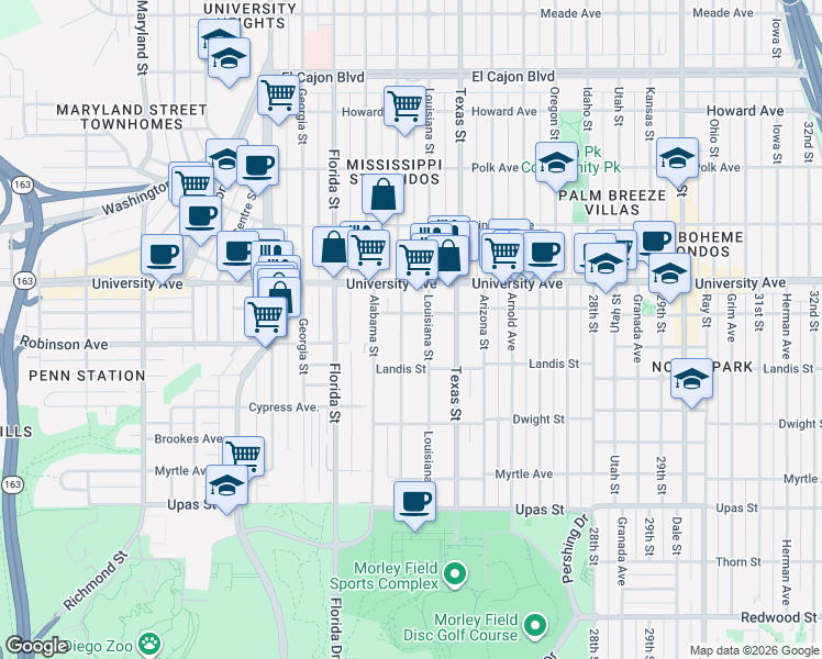 map of restaurants, bars, coffee shops, grocery stores, and more near 3749 Mississippi Street in San Diego