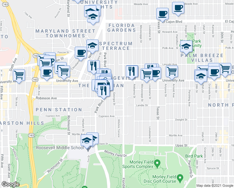 map of restaurants, bars, coffee shops, grocery stores, and more near 1996 Robinson Avenue in San Diego