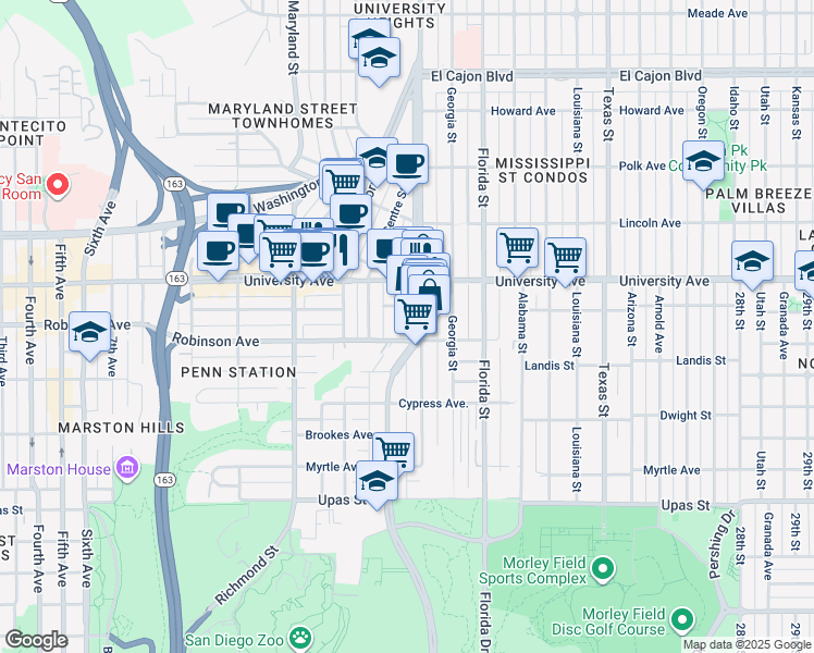map of restaurants, bars, coffee shops, grocery stores, and more near 1762 1/2 Robinson Avenue in San Diego