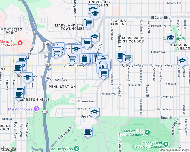 map of restaurants, bars, coffee shops, grocery stores, and more near 3754 Centre Street in San Diego