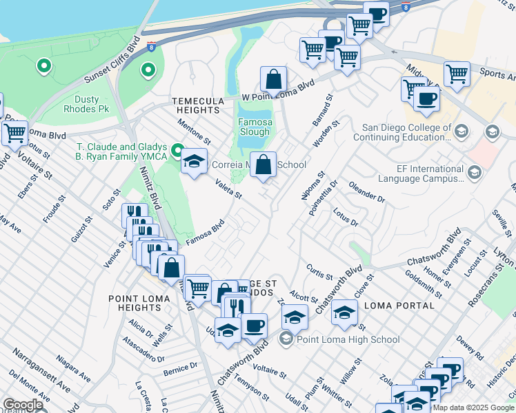 map of restaurants, bars, coffee shops, grocery stores, and more near 2478 Caminito Venido in San Diego