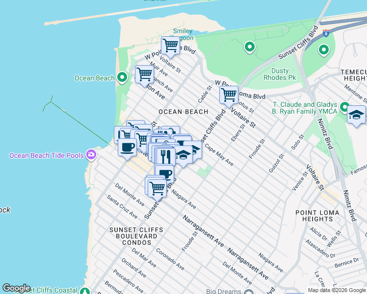 map of restaurants, bars, coffee shops, grocery stores, and more near 4818 Santa Monica Avenue in San Diego