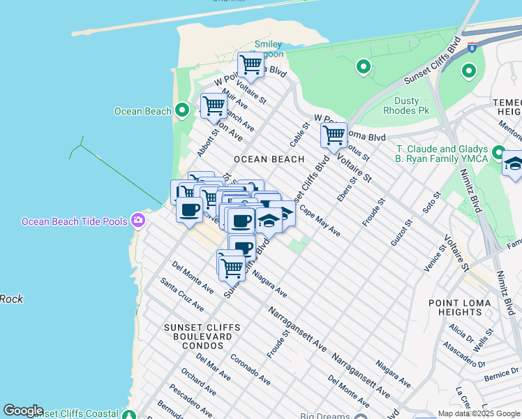 map of restaurants, bars, coffee shops, grocery stores, and more near 4818 Santa Monica Avenue in San Diego