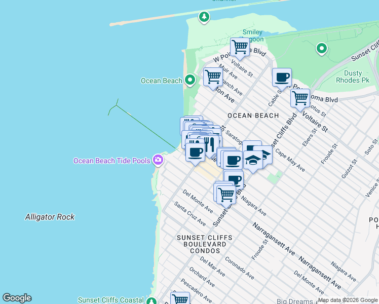 map of restaurants, bars, coffee shops, grocery stores, and more near 5022 Niagara Avenue in San Diego